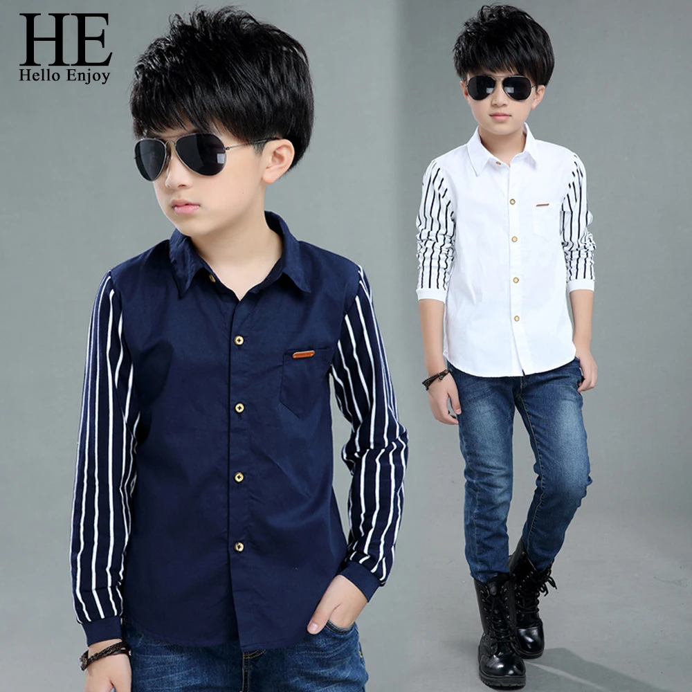 

HE Hello Enjoy Toddler Boy Shirt Spring Autumn Long Sleeve Stripe Children Clothing Boys Teenage Sports School Uniform Shirts