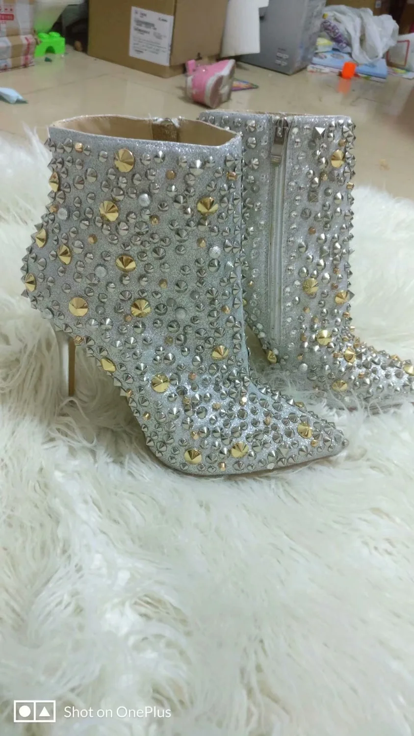 

sexy Nightclub boots gold sliver punk luxury women high heels ankle boots pointed toe punk bling bling Striptease shoes winter