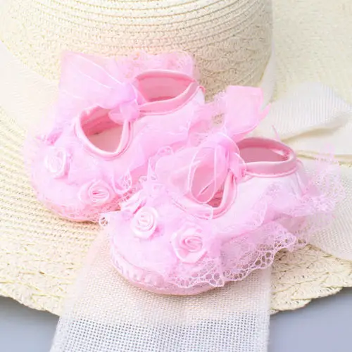 Красочная обувь для маленьких девочек; Кружевная повязка на голову с цветами бант для ноги; Первые ходунки - Цвет: Розовый