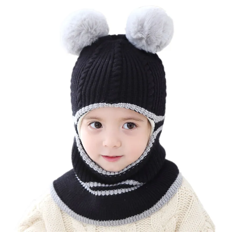 

Winter Children's Pompom Hat Baby Knitted Hats Scarf Lovely Boys Girls Warm Plus Velvet Hat Scarf Outdoor Windproof For Kids