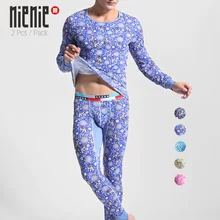 Новинка, комплект из 2 предметов: Топ+ штаны, модные мужские кальсоны, термобелье, цветочный принт с оленем, хлопковые Теплые майки с круглым вырезом