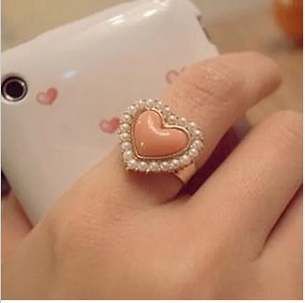

Women's Fashion OL Temperament Pearl Heart Pink Rings 8RD72