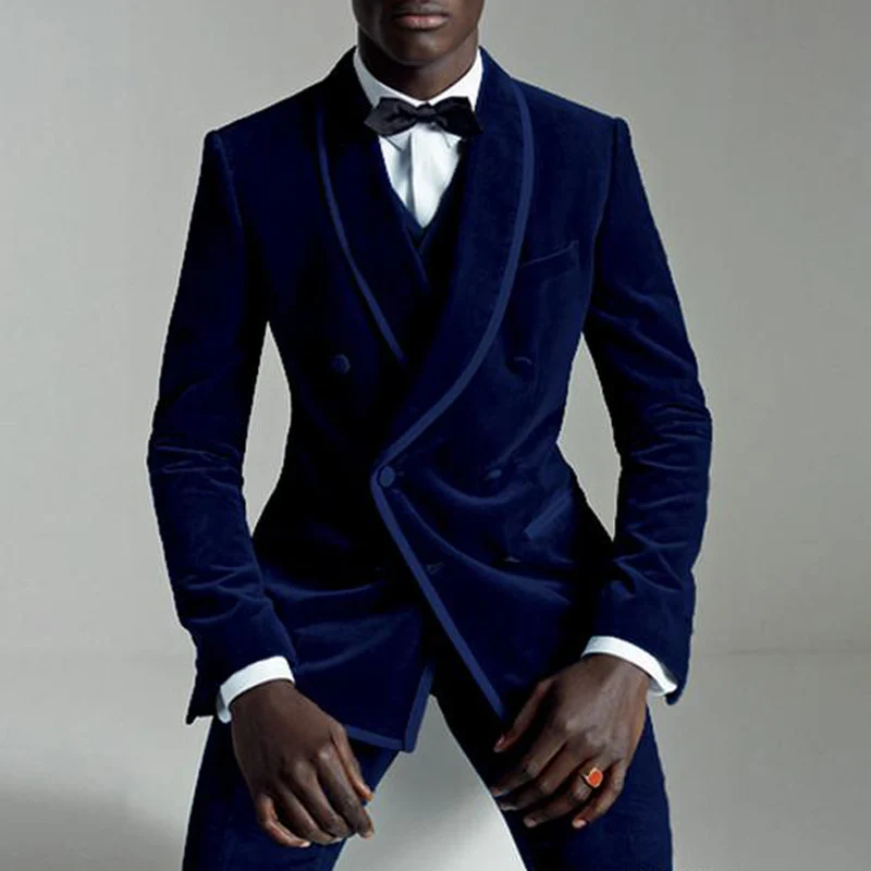 Royal Blue Velvet Evening Party Men Suits Double Breasted Shawl Lapel Three Piece Wedding Tuxedos 2018 Latest Coat Pant Designs
