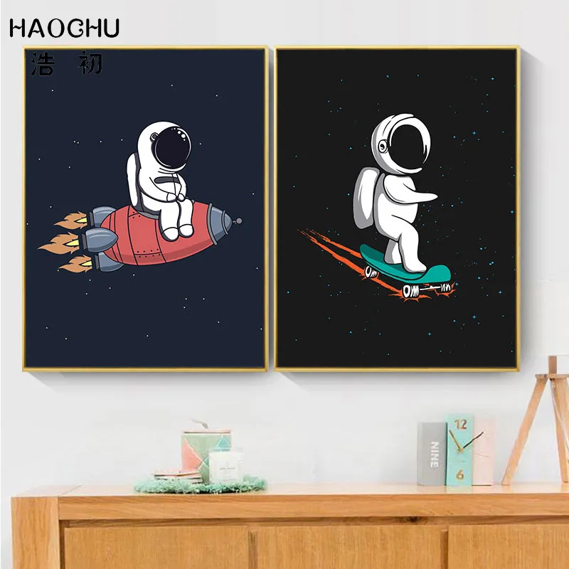 HAOCHU пространство сцена Moon украшения картина на черном холсте ракета Wall Art плакат