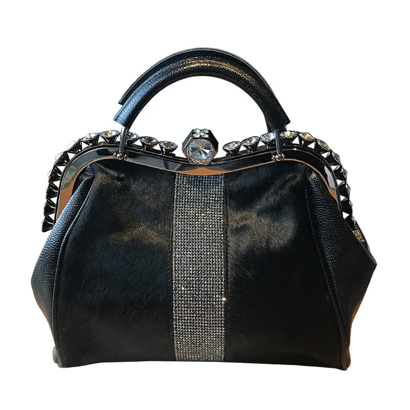 

European And American Fashion Wool Bag Autumn And Winter New Horse Hair Ladies Handbag Dinner Rhinestone Bueket Hasp 2019 Luxury