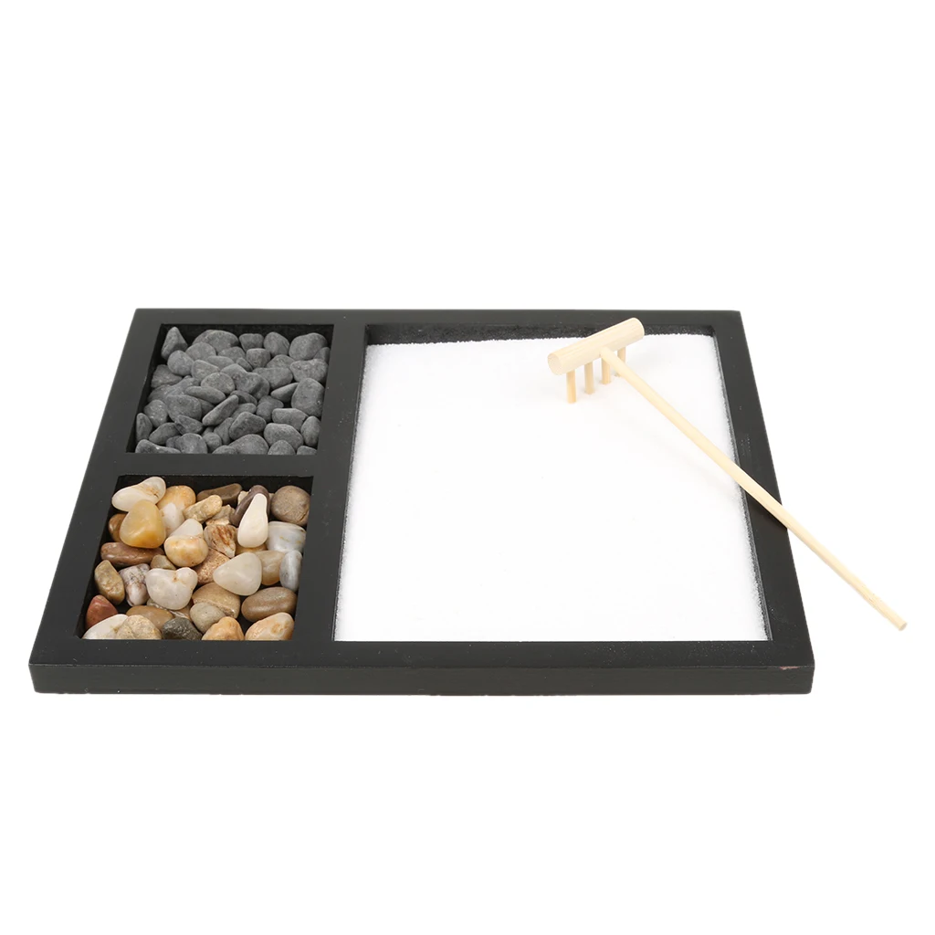  Table Desk Zen Garden Sand Tray Natural Stones Wood Rake Meditation Craft Home Decorative Plate Kid