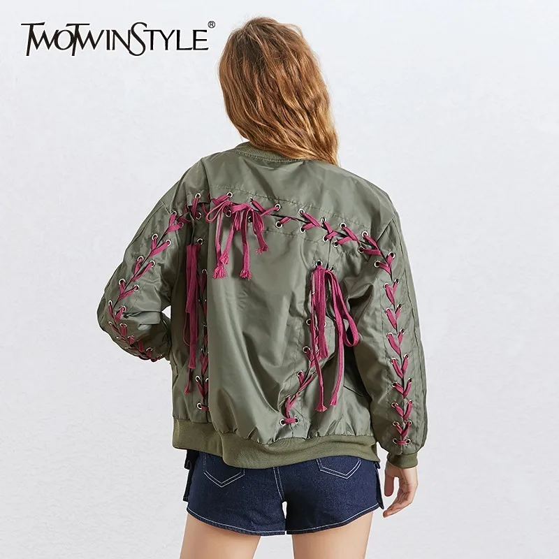 

TWOTWINSTYLE Streetwear Bandages Jacket For Women Stand Collar Long Sleeve Large Size Coat Female Fashion Summer 2019 New