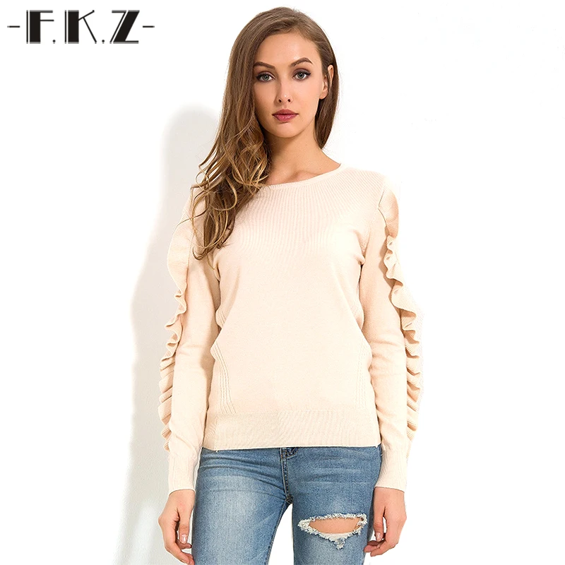FKZ Sweet Ruffles Sweaters Women Solid Sweater Ruffles Full Sleeve