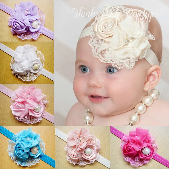 

2015newborn Newborn Baby Girls Satin Ribbon lace rhinestone headband Flower Headbands Photography Props children Accessories