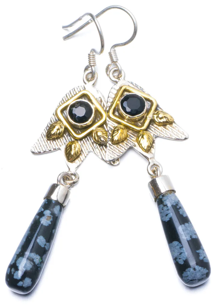 

Natural Two Tones Snowflake Obsidian and Black Onyx 925 Sterling Silver Earrings 2.25" X5074