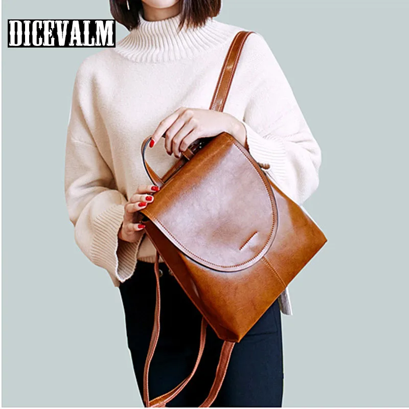 Online 100% Mochila De Cuero genuino para niñas bolso escolar de cuero de vaca estilo coreano para mujeres mochila femenina 2019 suave Retro College Ladies