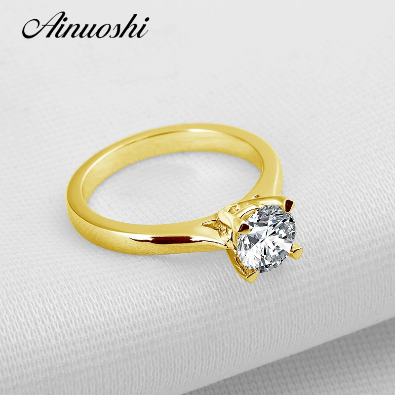 

AINUOSHI 10k Solid Yellow Gold Wedding Ring Simple Solitaire 1 ct Simulated Diamond Brilliant Anelli Donna Women Engagement Ring