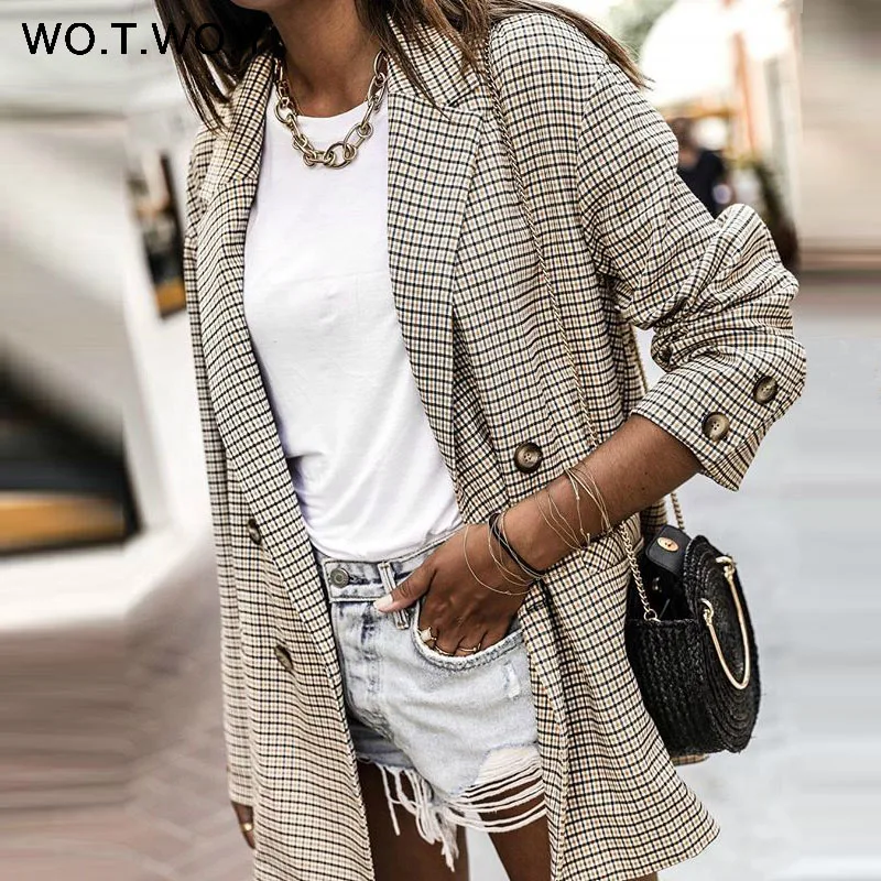 Meilleur WOTWOY Double boutonnage Plaid Blazer femmes kaki poche à manches longues bureau dames Blazer automne veste vêtements de dessus pour femmes manteaux
