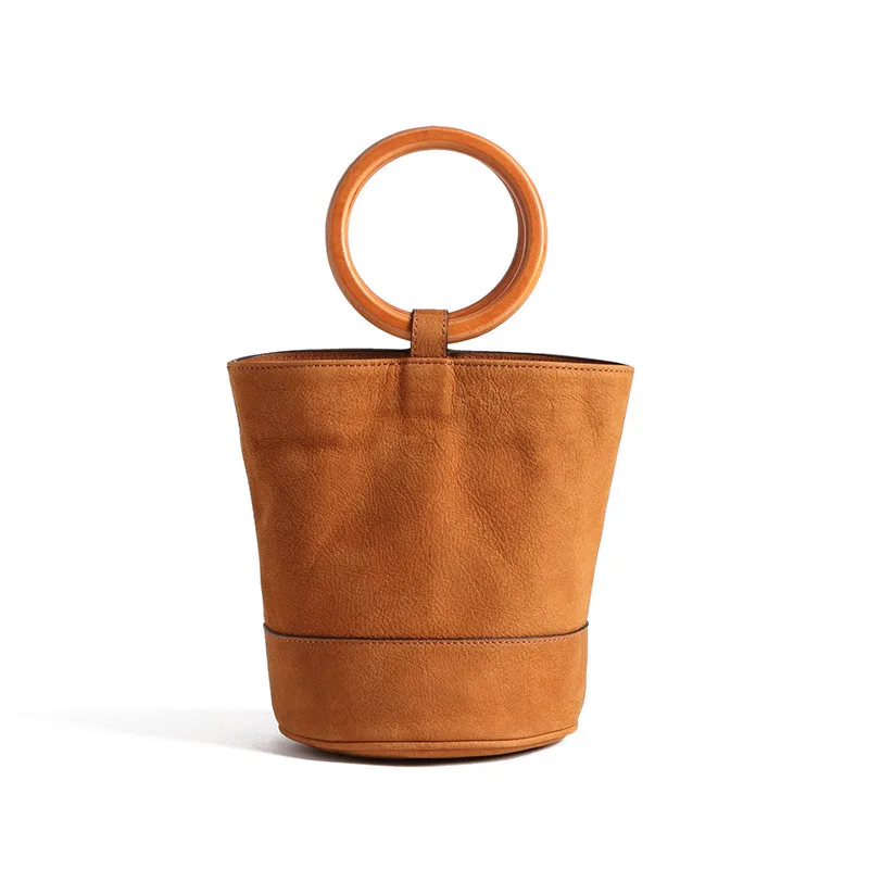 

LOVELY Woman Metal Ring Portable Cowhide Layer Culture Single Shoulder Bucket Package Bag