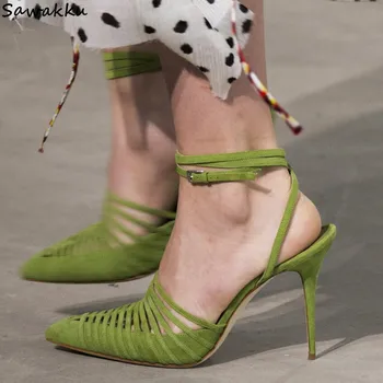 

Popular Green Suede Leather Women Pumps Sexy Stilettos High Heels Runway Strappy Ladies Footwear Pointy Toe Sapato Feminino