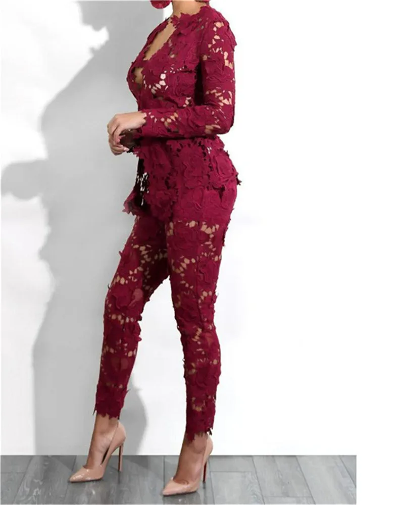 Кружевная куртка с глубоким v-образным вырезом и длинными рукавами+ брюки; Повседневная модная пикантная Женская одежда из двух предметов в европейском и американском стиле; сезон весна-XXL