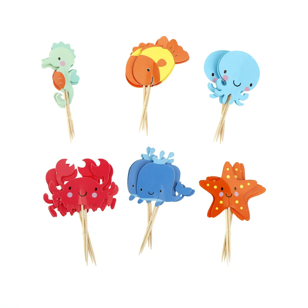 24Pcs Fish Crab Starfish Sea Animal Cupcake Toppers Underwater World Picks Baby Shower Birthday Party Cake Decoration Supplies