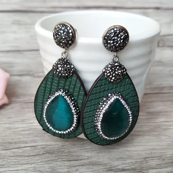 

5Pairs natural druzy druse Opal Stone dangle Earrings,handmade Drop leather Earrings Pave Crystal Rhinestone Charm Jewelry ER261