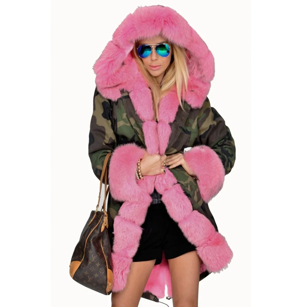 Roiii 2018 Thicken Pink Faux Fur Camouflage Hot Parka Women Hooded Long