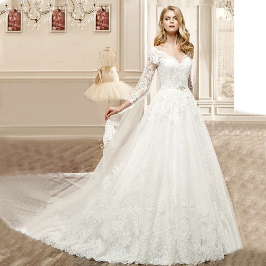 

Vnaix WV613 V Neck Nature Height A Line Long White Lace Long Sleeeve Wedding Dresses 2015 Bridal Gown