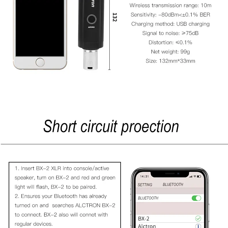 Alctron BX-2 Портативный беспроводной Bluetooth V4.0 приемник XLR интерфейс аудио усилитель конвертера аудио приемник plug and play