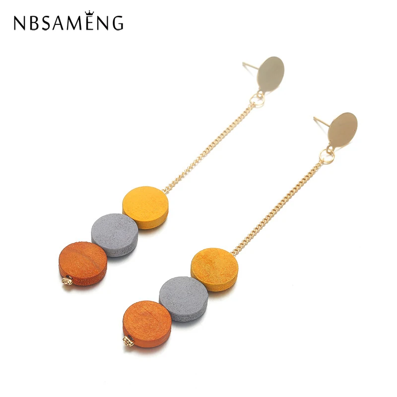 

New Trendy Simple Drop Earing Boho Round Geometric Colorful Wood Long Big Dangle Earrings Brincos For Women Gift Fashion Jewelry