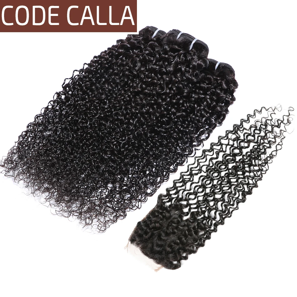

Code Calla Unprocessed 100% Peruvian Kinky Curly Bundles With 4*4 Lace Closure Pre-colored Raw Virgin Human Hair Wave For Woman