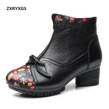 

2019 Spring New Ethnic Style Printing Cowhide Leather Boots Comfort Plus Velvet Women Boots Non-slip Ankle Boots High Heels 5 cm
