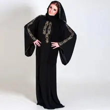 Long Sleeve Black Chiffon Gold Beading Hijab Muslim Evening Dress Dubai Kaftan Arabic Style Abaya Long Formal Gown