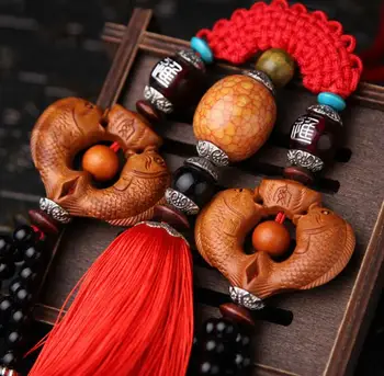 

Chinese Peach Wood Carved Animal Concentric Fish Pendant Exquisite Car Pendant