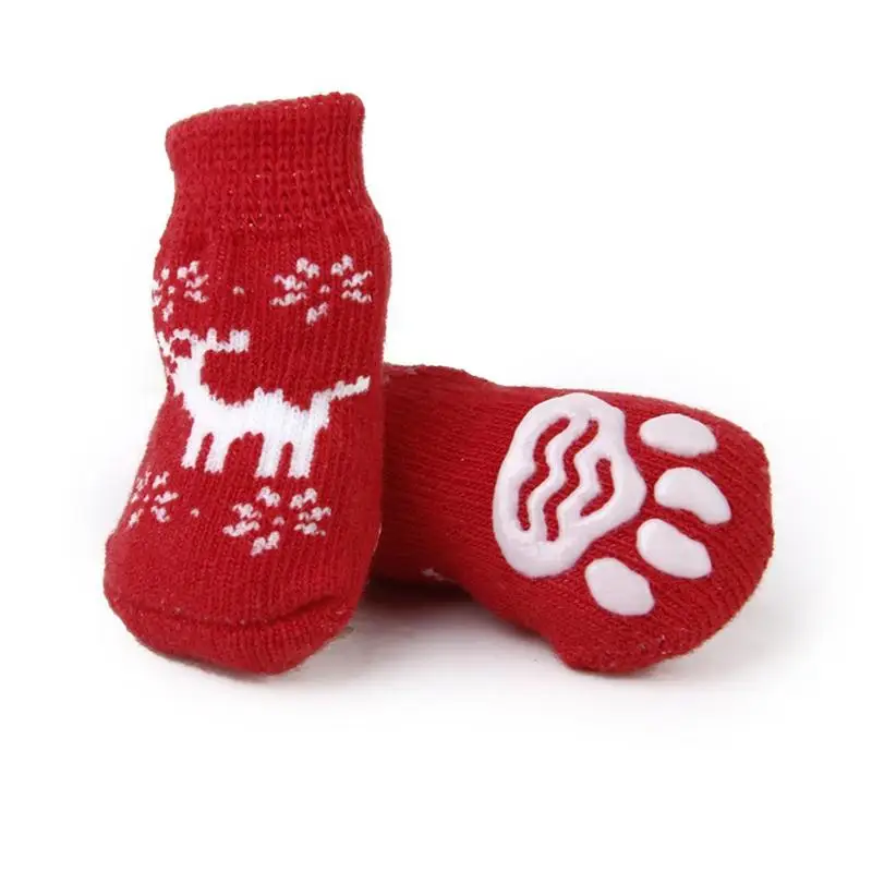 

4pcs Christmas Reindeer Style Dog Puppy Cat Non-Slip Socks with Paw Prints - Size S (Red)