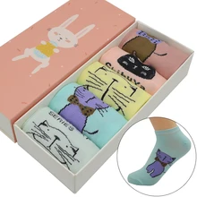5 Pair/set Cute Cartoon Big Cat Women Socks Cotton Kawaii Fashion Girls Summer Letter Short Ankle Invisible Socks with Gift Box