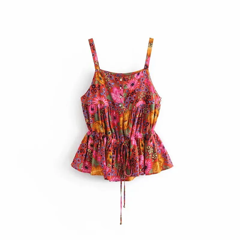 

women holiday floral print drawstring lace up casual sling shirt blouses women buttons hem ruffles beach wear blusas tops LS3257