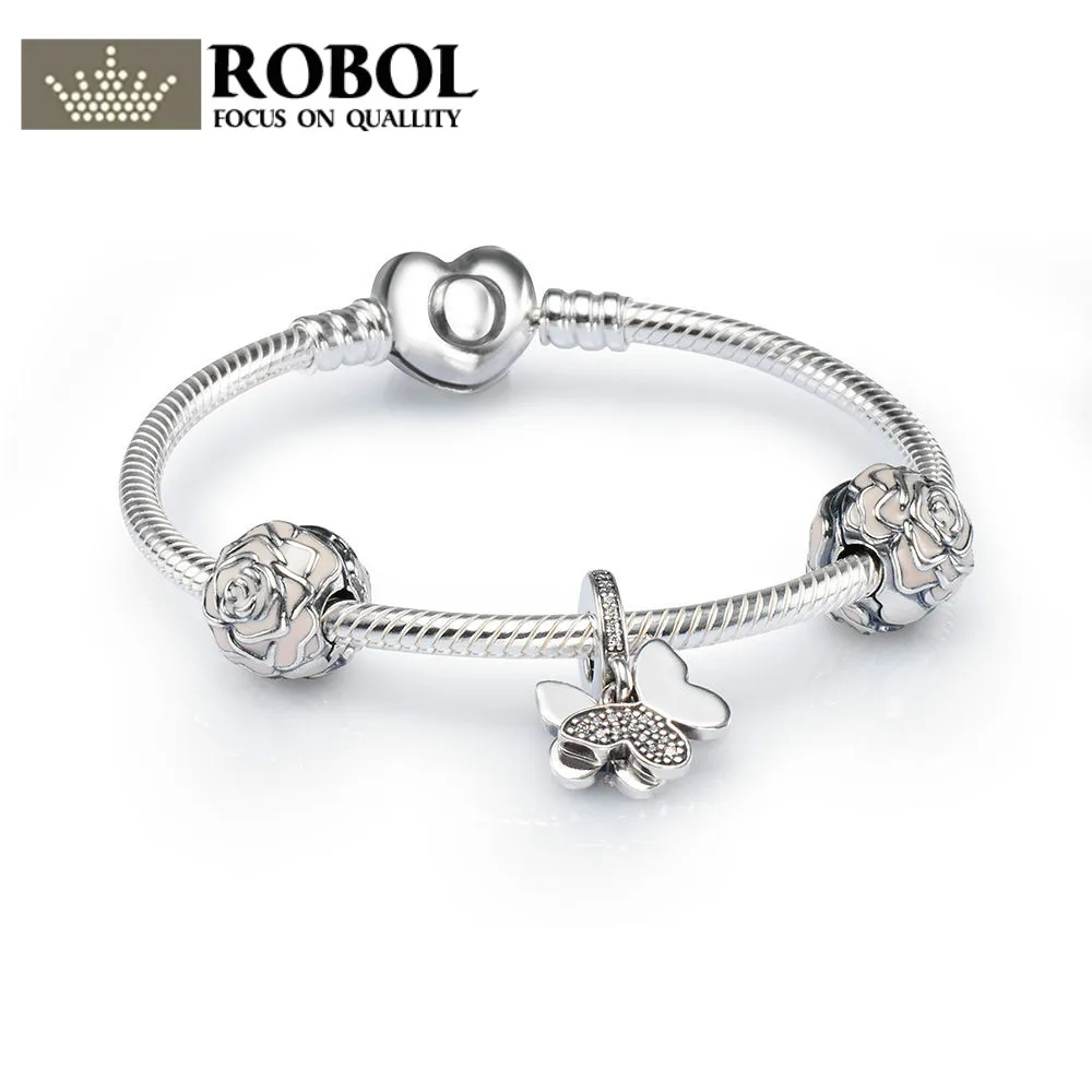 

ROBOL 925 Sterling Silver FLUTTERING BUTTERFLY CHARM BRACELET SET fit DIY Original charm Bracelets jewelry A set of prices