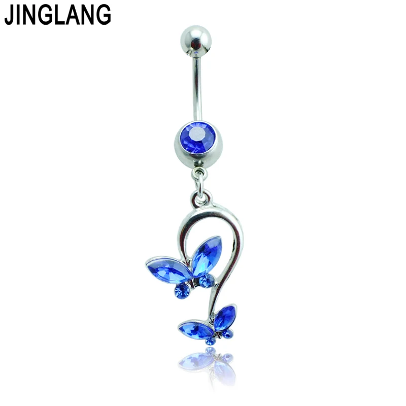 

JINGLANG Fashion Belly Button Rings 316L Stainless Steel Barbell Dangle Rhinestone Double Butterfly Navel Piercing Jewelry