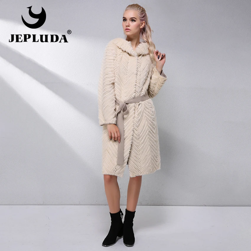 JEPLUDA Норковая Шуба Натуральный Мех с Капюшон Длительный Зимнее Женские Пальто
