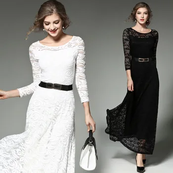 

Europe New 2020 Spring Women's High Fashion Slim Sashes Hollow Out Big Swing Lace Full Party Dress Female Sexy Long Formal Dress