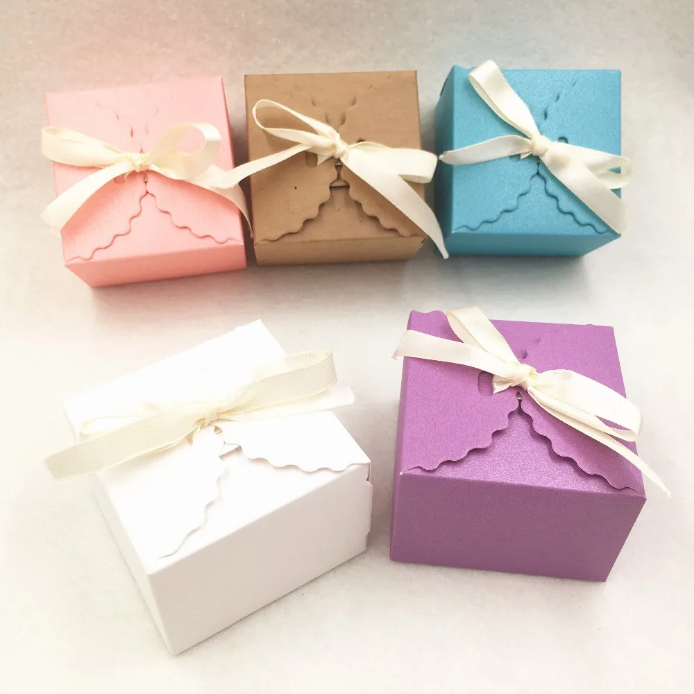 20pcs Kraft Paper Square Candy Box Rustic Wedding Favors Party Gift Boxes with Free Ribbon,DIY Handmade gift packing paper boxes