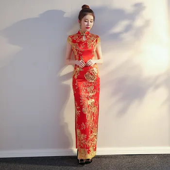

Summer New Asian Bride Wedding Evening Party Dress Female Red Sequins Slim Qipao Stage Performance Long Cheongsam Vestidos