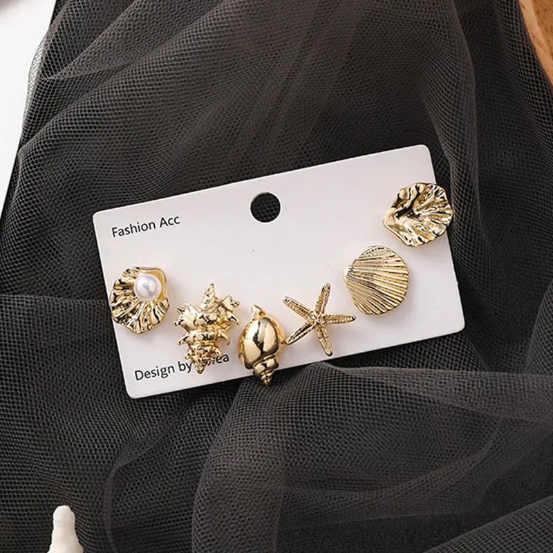 

6 Pcs/Set Fashion Starfish Conch Cowrie Shell Gold Color Metal Stud Earrings High Quality Asymmetry Earrings Beach Jewelry