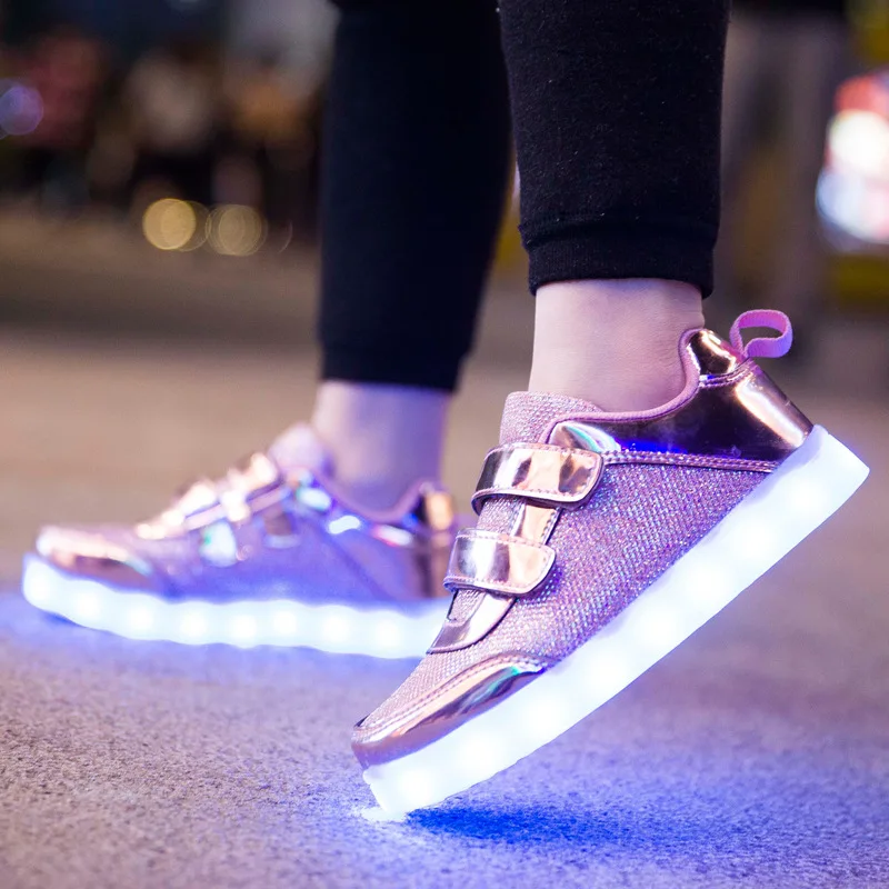 

Silver Gold USB Charger Glowing Luminous Sneakers Kids Light Sole Boys Led Slippers Baby Girl Light Up Shoes Casual Sneaker