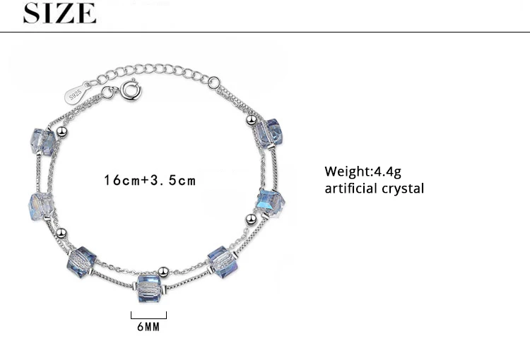 Квадратный хрустальный браслет для женщин простые двойные слои браслет цепочка 925 ювелирные изделия из чистого серебра подарок для девочек SL108
