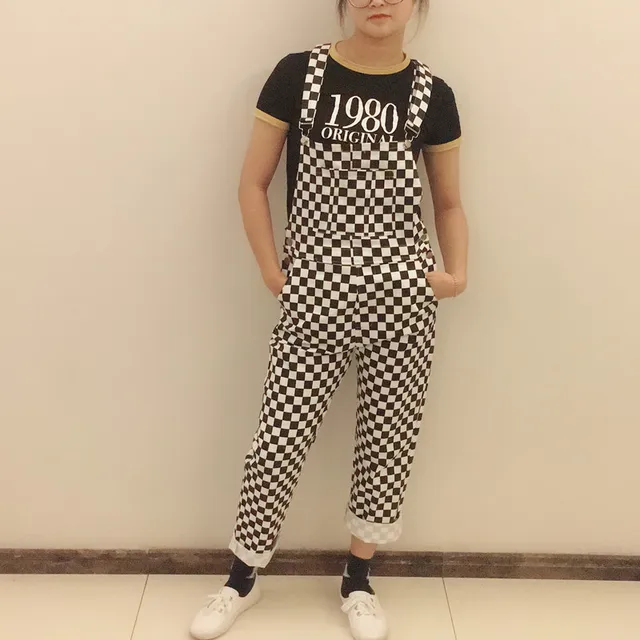 Plus Size Kpop Ulzzang Street Hiphop Straight Wide Leg Overalls Cotton Denim Pant Suspender Jumpsuit Checkerboard Plaid Trouser