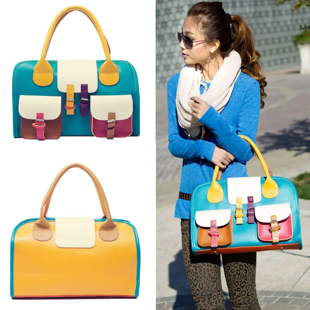 Vintage Hobo Women Handbag PU Leather Contrast Color Tote Satchel Shoulder Bag Blue |