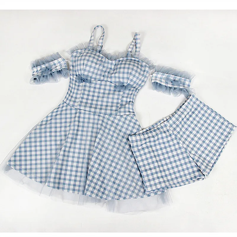

2019 New Sling laceback dress plaid shorts slim swimsuit ladies style two-piece sexy beach small fresh dress two-piece swimsuit