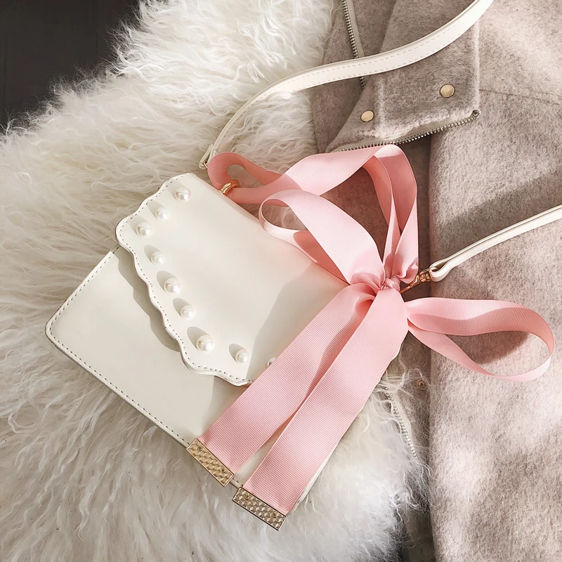 

2019 Spring New Sweet Square bag High Quality PU Leather Women's Designer Handbag Ribbon Tote bag Bow Shoulder Messenger bags