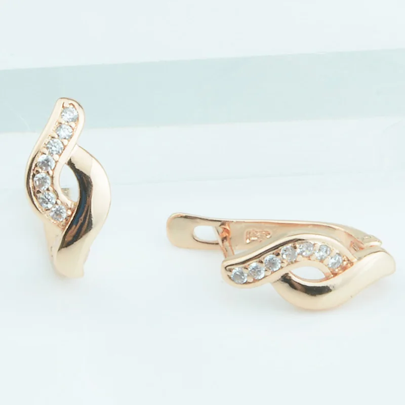 

FJ Women 585 Rose Gold Color Earrings Twisted Shaped Cubic Zircon Earrings