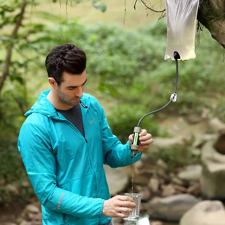 Satisfy water need for group and family outdoor activities with this emergency gravity fed water filter system.  This gravity water filter system is not a single user suck up straw. It is a perfect solution for a group people filtration needs when they are on the go.