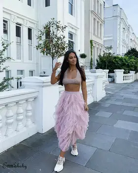 

Fashion Tutu Tulle Skirt Women Long Maxi Skirt 2019 Spring Summer Korean Black Pink High Waist Pleated Skirt Female