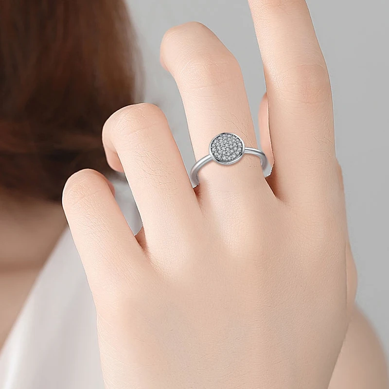 ELESHE 100% Real 925 Sterling Silver Signature Rings Clear CZ Circle Round Finger Rings for Women Wedding Engagement Jewelry